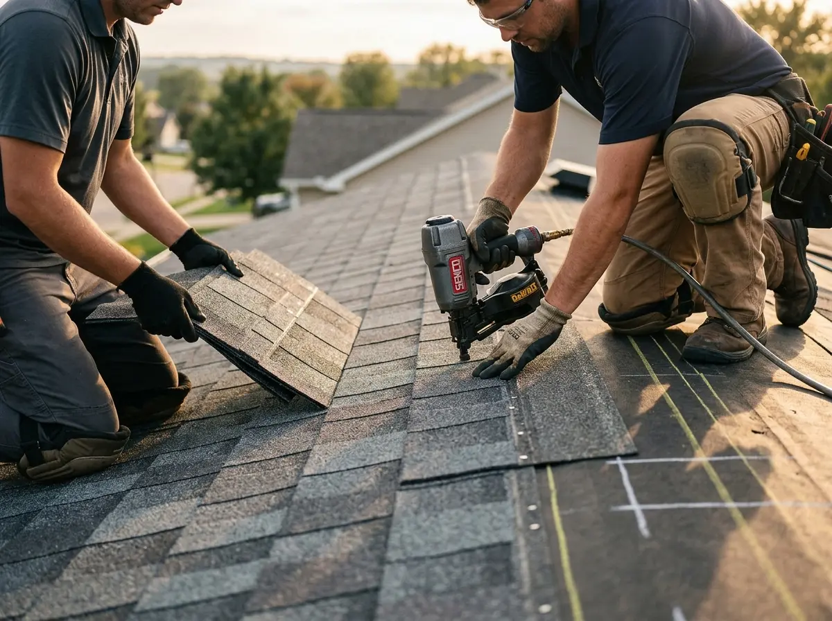 Professional roofer working on a residential roof in Stuarts Draft